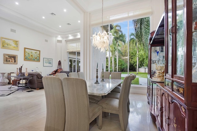 6595 NW 32nd Ter, Boca Raton, FL 33496 - dining room featuring a chandelier, healthy amount of natural light, crown molding, light tile patterned floors, and recessed lighting