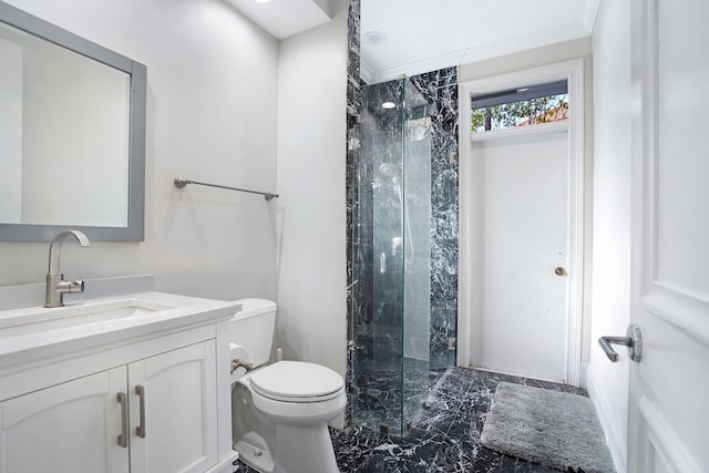 6595 NW 32nd Ter, Boca Raton, FL 33496 - bathroom featuring marble finish flooring, a stall shower, vanity, and toilet