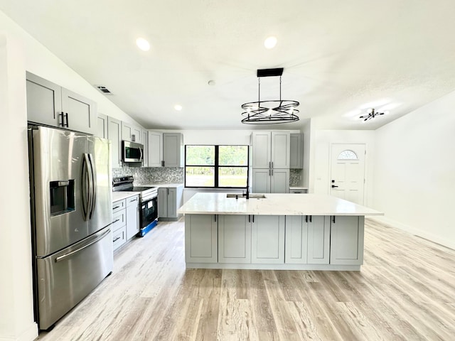 kitchen featuring gray cabinets, a center island with sink, pendant lighting, and appliances with stainless steel finishes