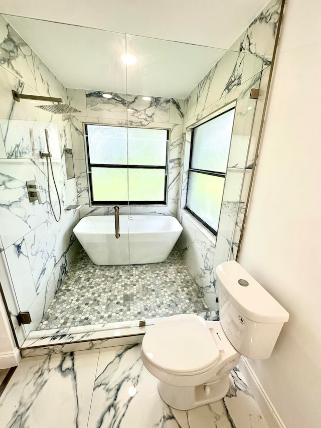 full bathroom with shower with separate bathtub, toilet, and sink