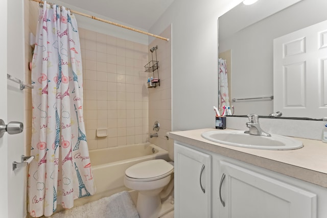 full bathroom with vanity, toilet, and shower / tub combo with curtain