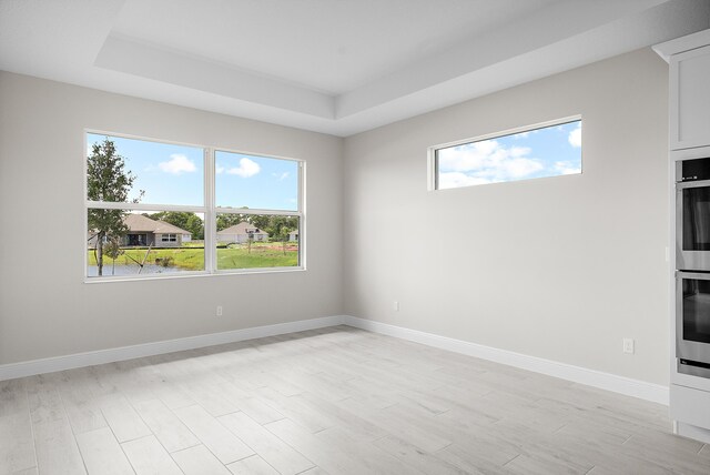 spare room with light wood-type flooring, a tray ceiling, and a wealth of natural light