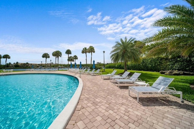 view of pool featuring a yard and a patio area