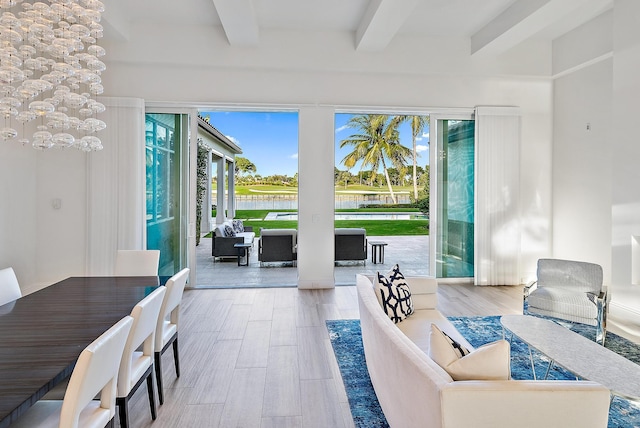 living room featuring beamed ceiling, a water view, light hardwood / wood-style flooring, and plenty of natural light