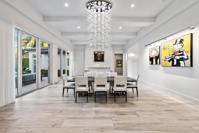 dining room featuring a notable chandelier, light wood-type flooring, and beam ceiling