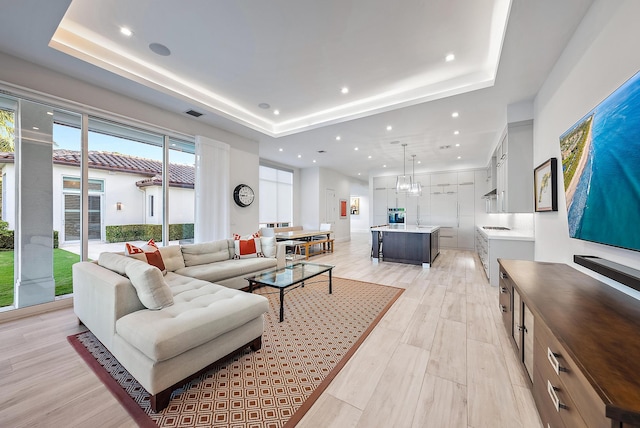 living room featuring light wood-type flooring and a raised ceiling