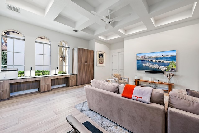 living room with light hardwood / wood-style floors, coffered ceiling, ceiling fan, and beamed ceiling