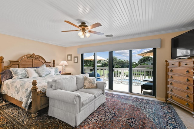 bedroom featuring access to exterior, ceiling fan, and ornamental molding