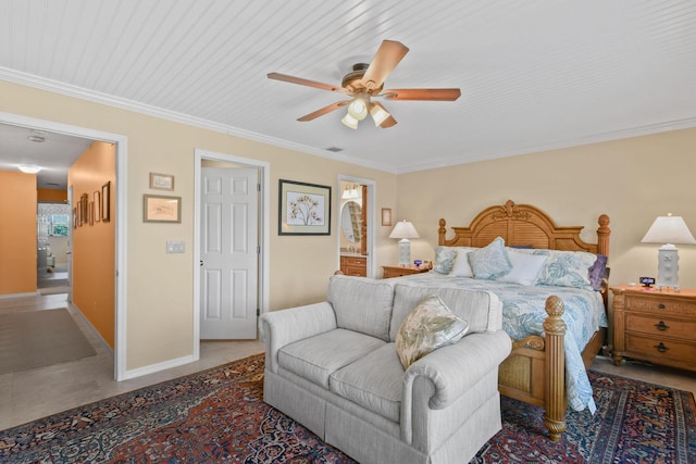 bedroom featuring ceiling fan, crown molding, and connected bathroom