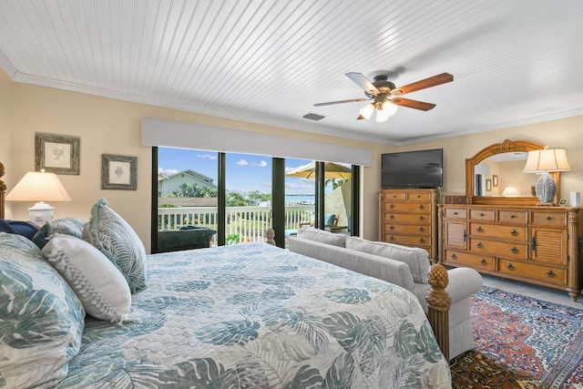 bedroom featuring access to exterior, ceiling fan, and ornamental molding