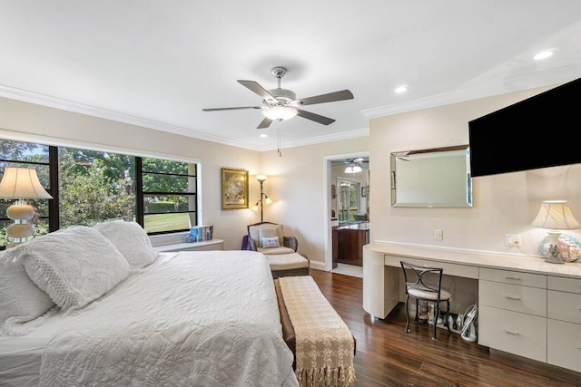 bedroom featuring ornamental molding, ensuite bath, ceiling fan, and dark hardwood / wood-style flooring