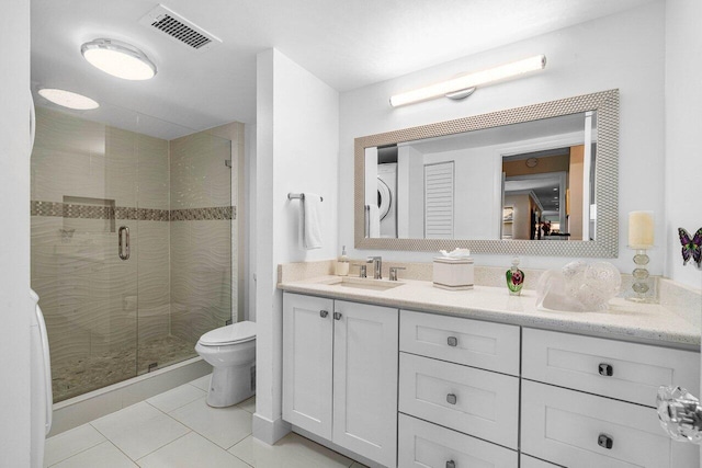 bathroom with tile patterned floors, a shower with shower door, vanity, and toilet