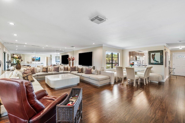 living room with dark wood-type flooring, crown molding, and sink