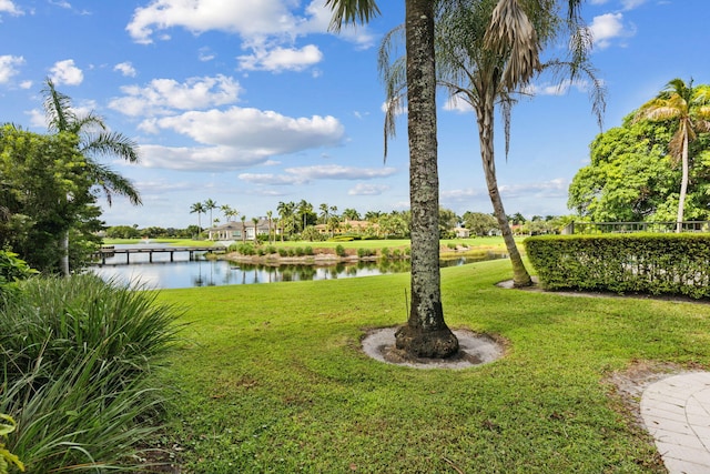 view of yard with a water view