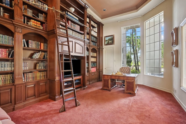 carpeted home office with crown molding