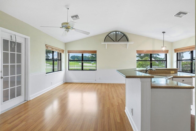 kitchen with light wood-type flooring, hanging light fixtures, and plenty of natural light