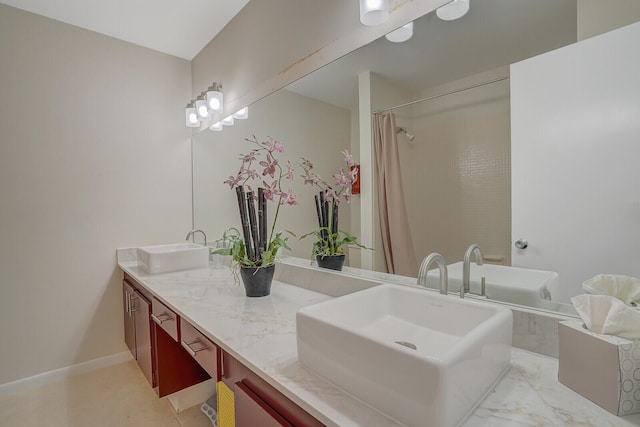 bathroom with walk in shower and vanity