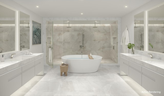 bathroom featuring tile walls, vanity, and separate shower and tub