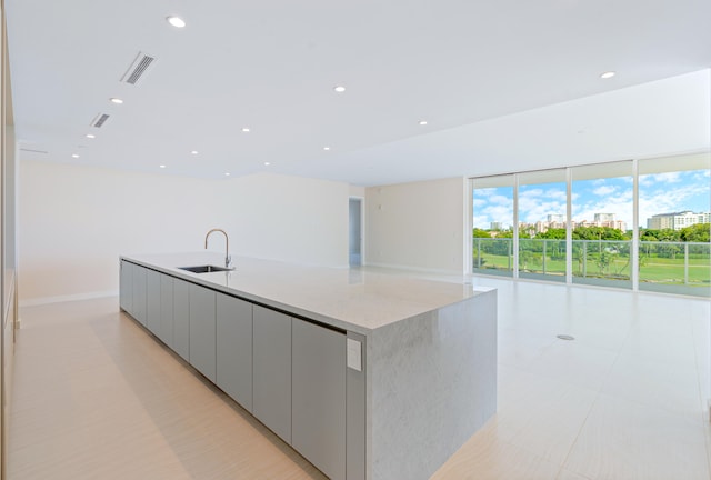 kitchen with gray cabinetry, a spacious island, a healthy amount of sunlight, and sink