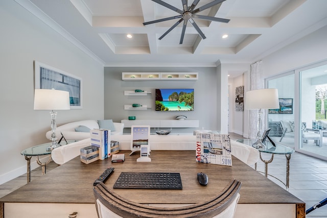 living room with tile patterned flooring, beam ceiling, coffered ceiling, ornamental molding, and ceiling fan