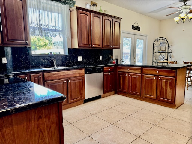 kitchen featuring sink, kitchen peninsula, backsplash, light tile patterned floors, and stainless steel dishwasher