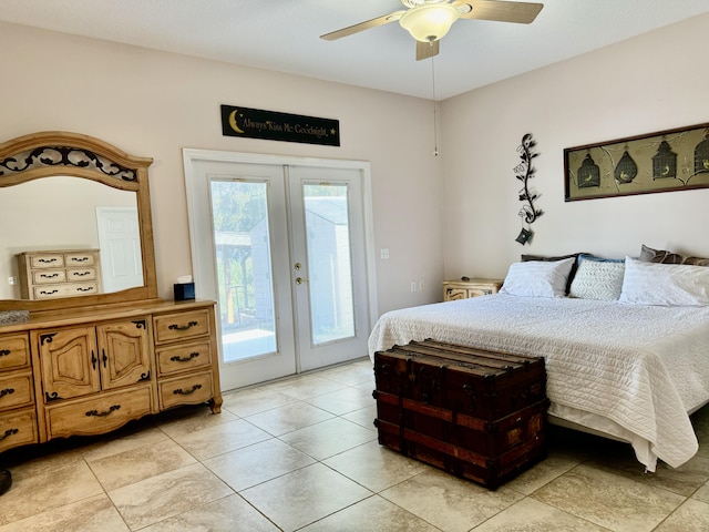 tiled bedroom with french doors, ceiling fan, and access to outside