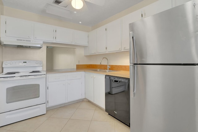 kitchen with electric stove, stainless steel refrigerator, dishwasher, ceiling fan, and sink