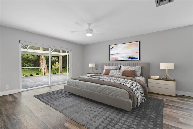 bedroom featuring wood-type flooring, access to outside, and ceiling fan