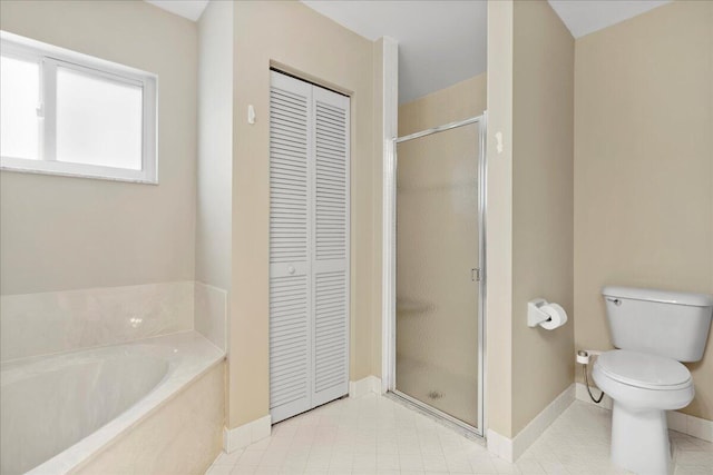 bathroom with toilet and plus walk in shower