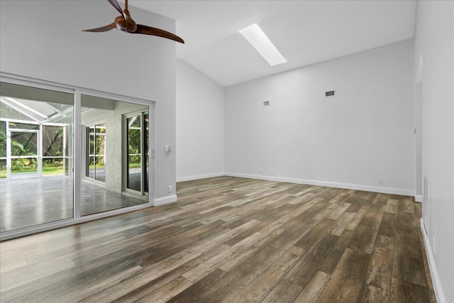 unfurnished living room with high vaulted ceiling, ceiling fan, and dark hardwood / wood-style flooring