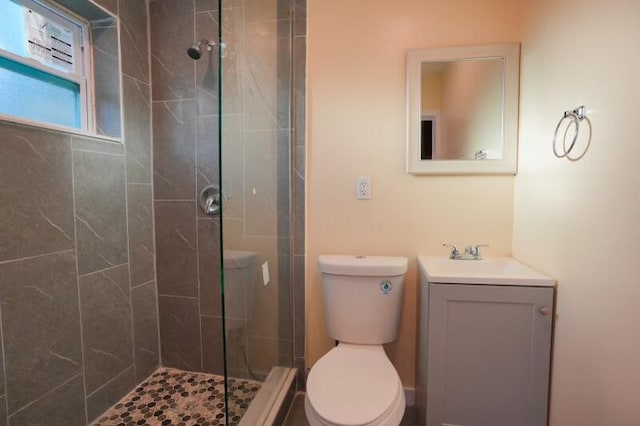 bathroom with walk in shower, vanity, and toilet