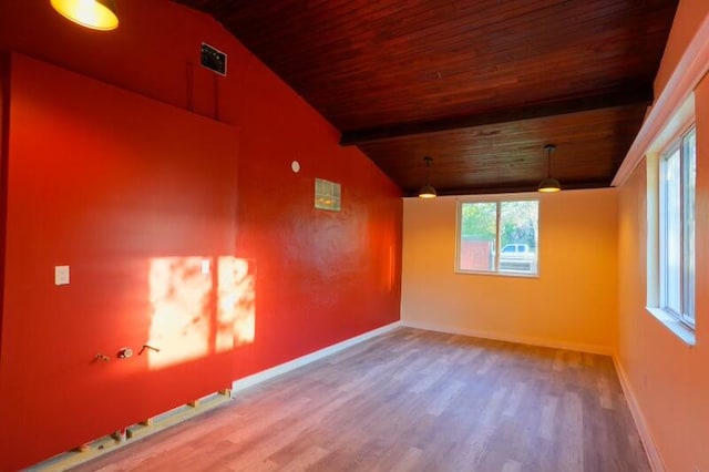 unfurnished room featuring wooden ceiling, vaulted ceiling with beams, and hardwood / wood-style flooring