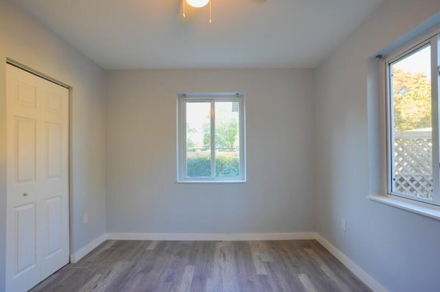 unfurnished bedroom with multiple windows, ceiling fan, dark wood-type flooring, and a closet