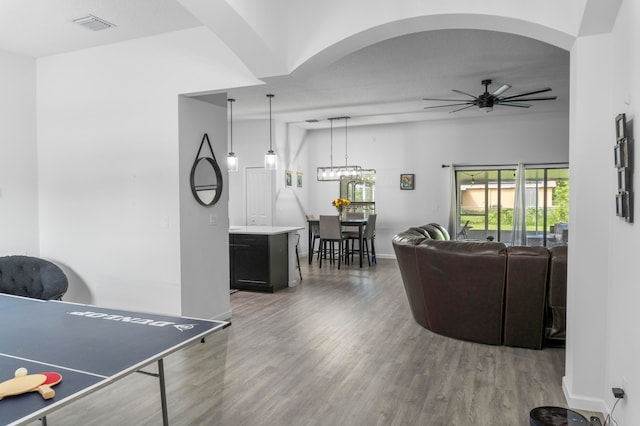 recreation room featuring ceiling fan with notable chandelier and wood-type flooring