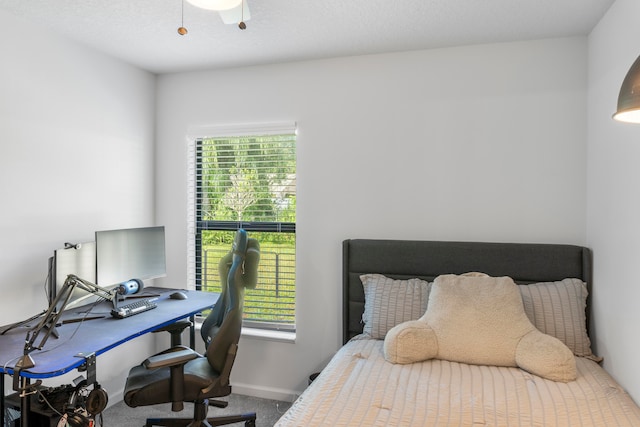 carpeted bedroom with a textured ceiling