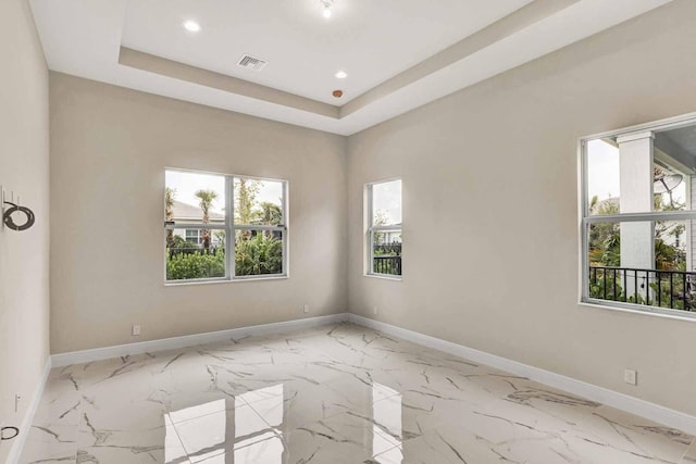 unfurnished room with a tray ceiling and plenty of natural light