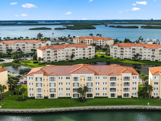 drone / aerial view featuring a water view