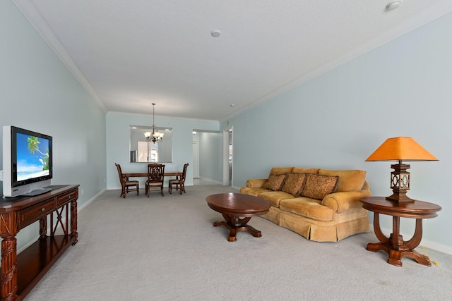 carpeted living room with a notable chandelier and crown molding