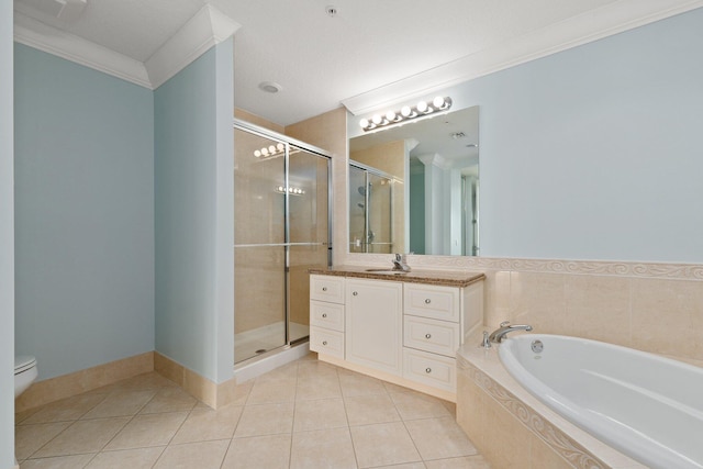 full bathroom with tile patterned floors, separate shower and tub, ornamental molding, vanity, and toilet