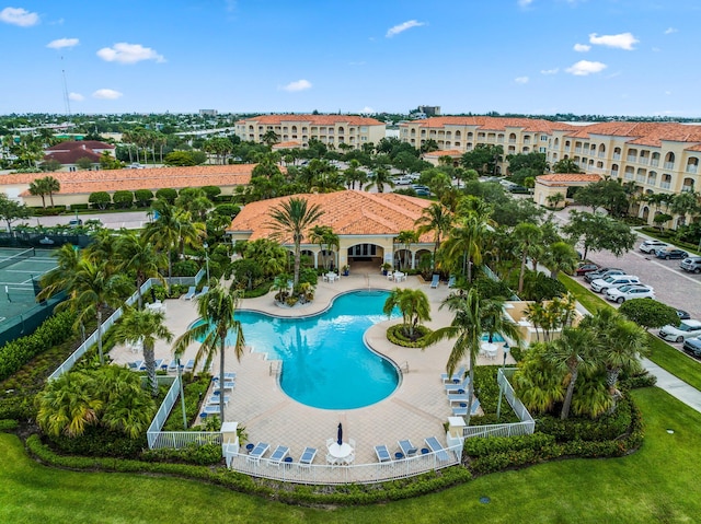 view of pool featuring a patio and a yard