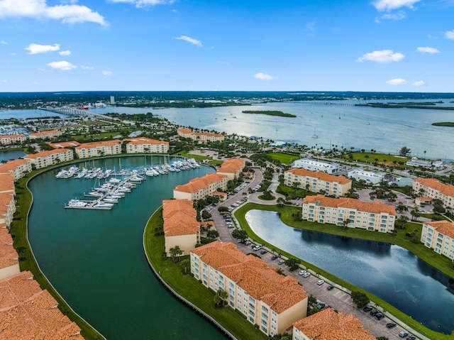 drone / aerial view with a water view