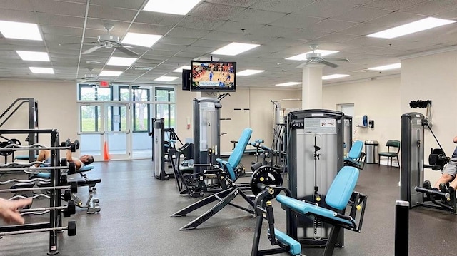 workout area with a drop ceiling and ceiling fan