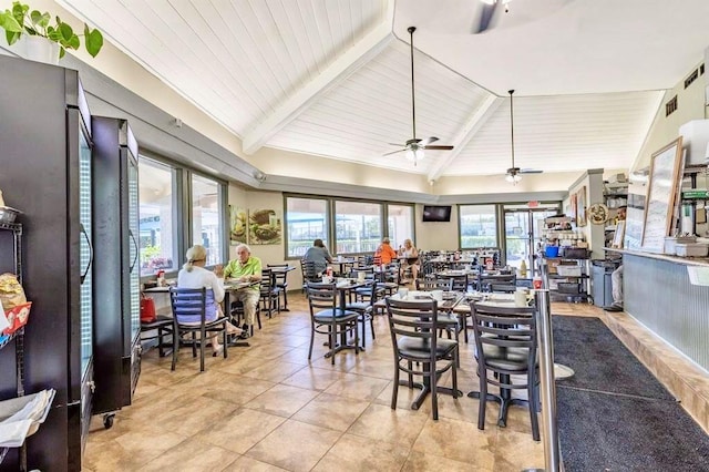 dining space featuring vaulted ceiling with beams, ceiling fan, wooden ceiling, and light tile patterned floors