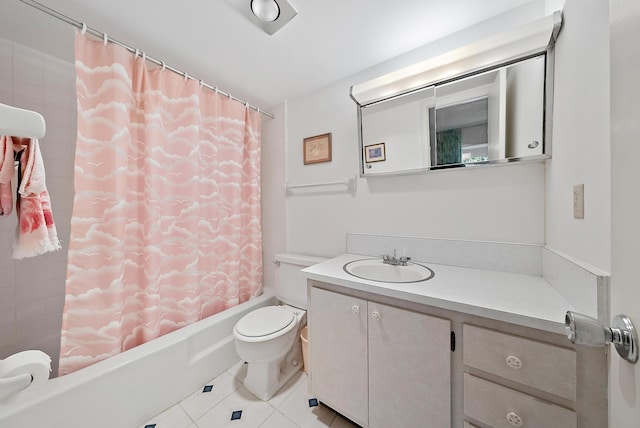 full bathroom with vanity, shower / bath combo with shower curtain, toilet, and tile patterned floors