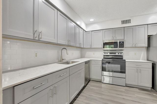 kitchen with appliances with stainless steel finishes, gray cabinetry, a textured ceiling, light wood-type flooring, and sink