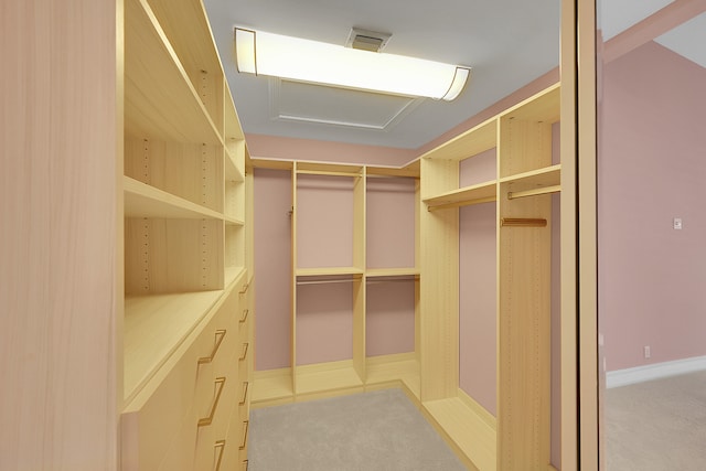 spacious closet featuring light colored carpet