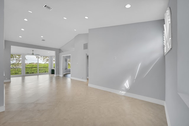 unfurnished living room featuring high vaulted ceiling and ceiling fan