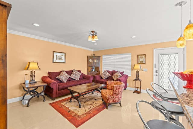 living room with ornamental molding