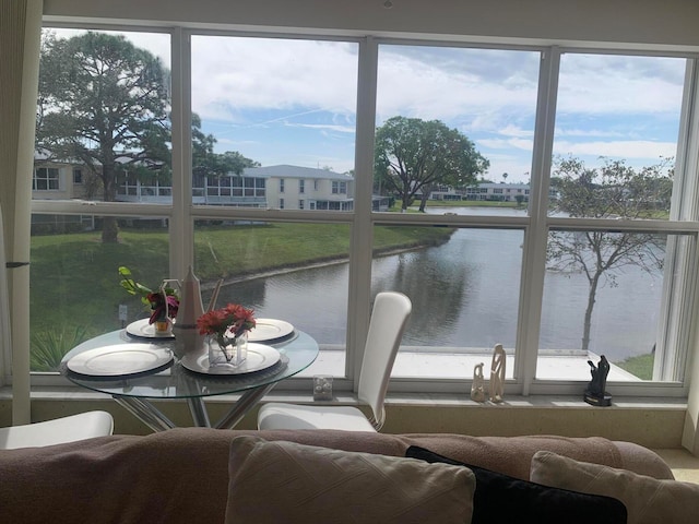 sunroom with a water view and plenty of natural light