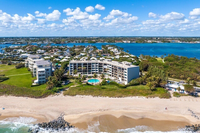 aerial view with a view of the beach and a water view